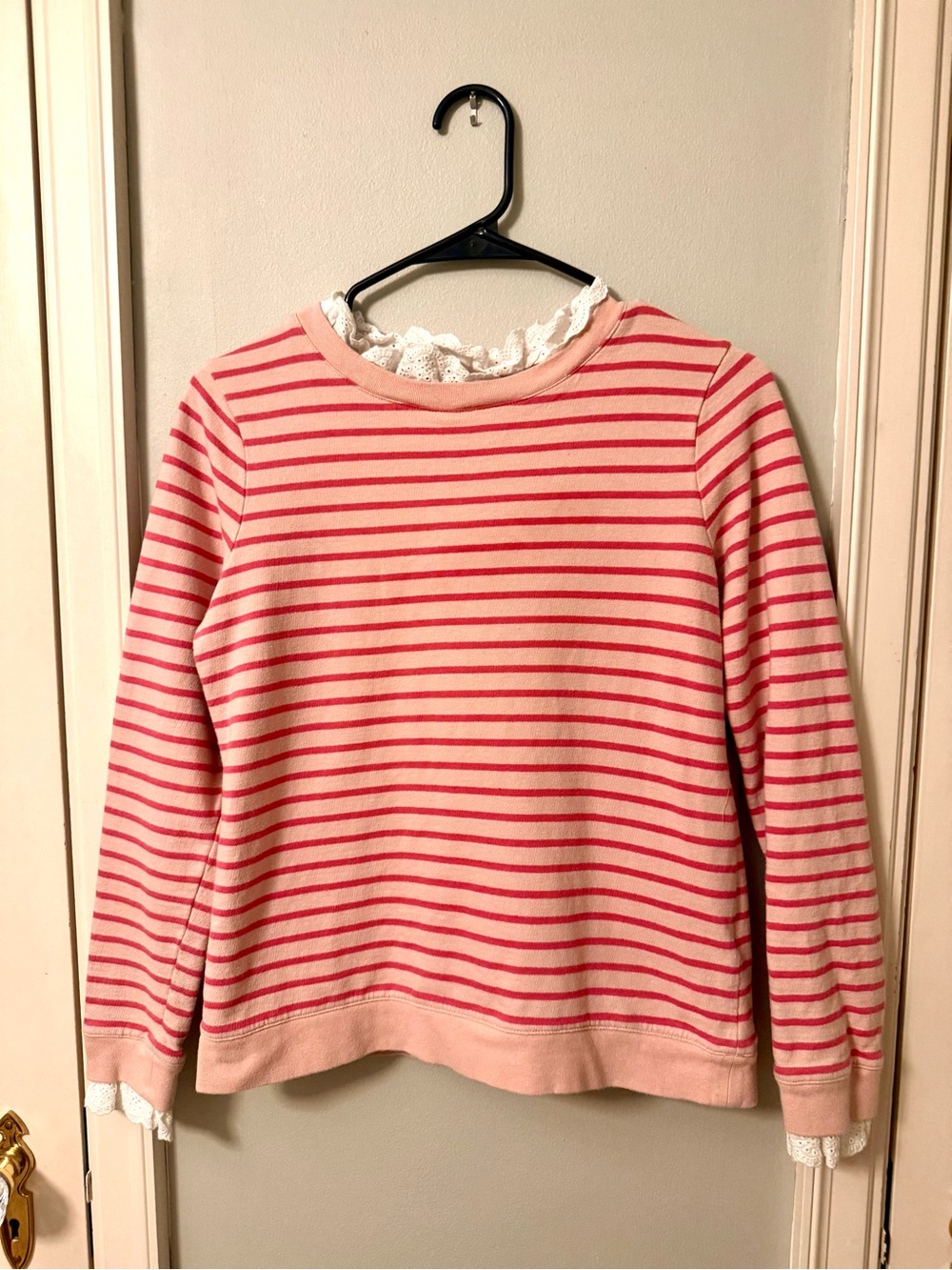 Boden Ruffle Detail Striped Sweatshirt Light Pink Eyelet Collar Cotton Sz S